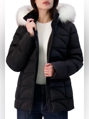 Nautica Black Puffer Jacket with White Faux-Fur Hood